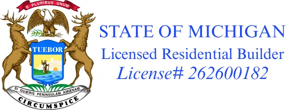 State of Michigan licensed residential builder badge - License number 262600182 issued by Michigan Department of Licensing and Regulatory Affairs LARA - Click to verify active license status
